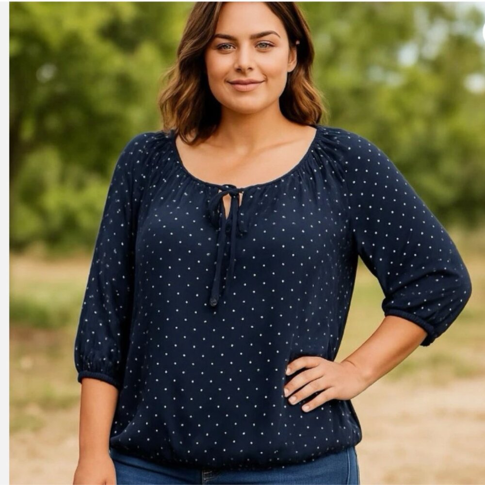 Dressbarn Women’s Blouse Plus 1X Blue White Polka Dot Boho 3/4 Sheer Sleeve